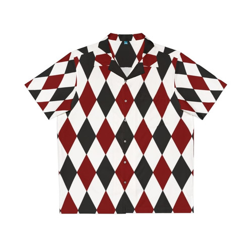 Harlequin diamond pattern Hawaiian shirt in red, black, and white