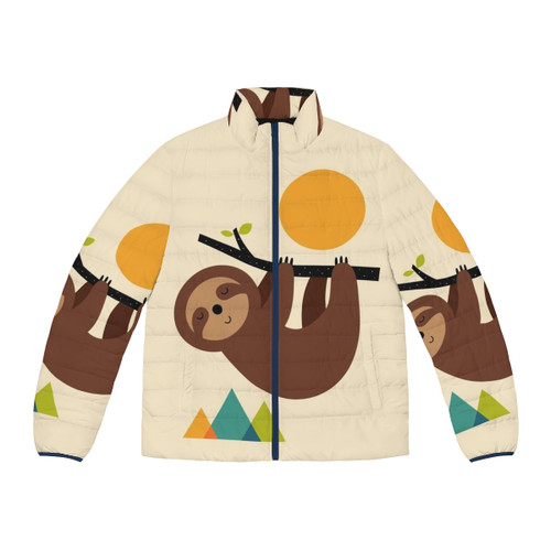Cozy puffer jacket with a sloth design, perfect for nature-inspired, slow living
