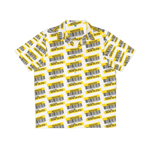 Bright yellow Hawaiian-style shirt with colorful floral pattern