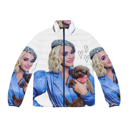 Katy Perry and her dog Nugget wearing a blue and sparkly puffer jacket