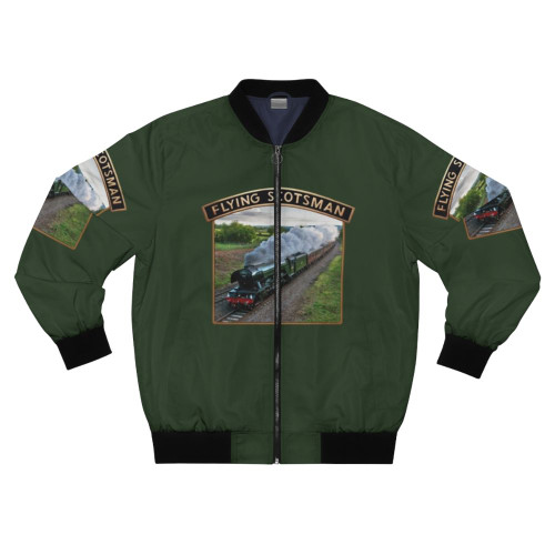 Vintage-style bomber jacket featuring the iconic nameplate of the Flying Scotsman steam locomotive