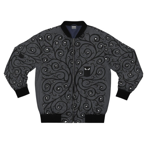 Stylish owl-patterned bomber jacket in black, white, and gray tones with a focus on the intense gaze of the owl design.