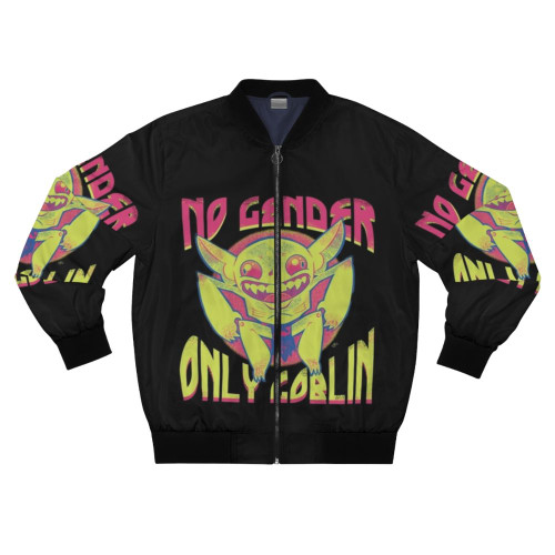 A unique and whimsical bomber jacket featuring a goblin-inspired design with skulls, bones, and a jackalope-like creature, perfect for fans of fantasy and roleplaying games.