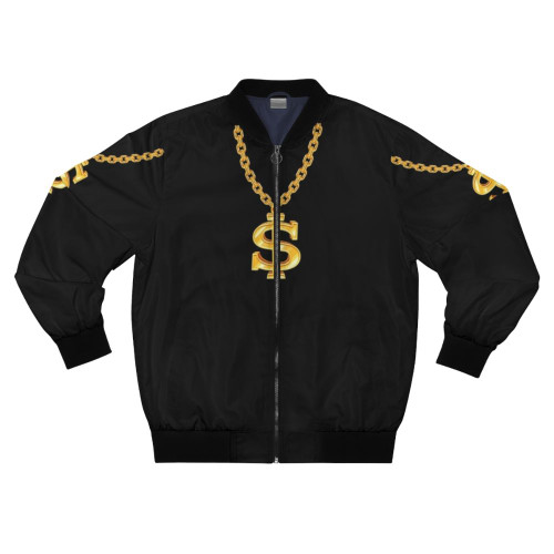 A virtual golden necklace featured on a cool bomber jacket