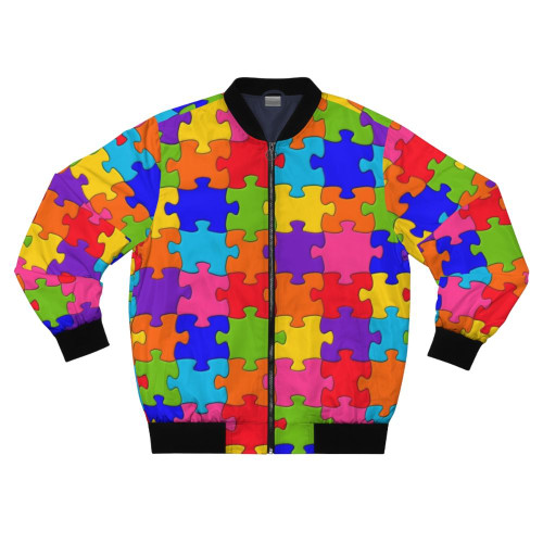 Colorful bomber jacket with a jigsaw puzzle mosaic design