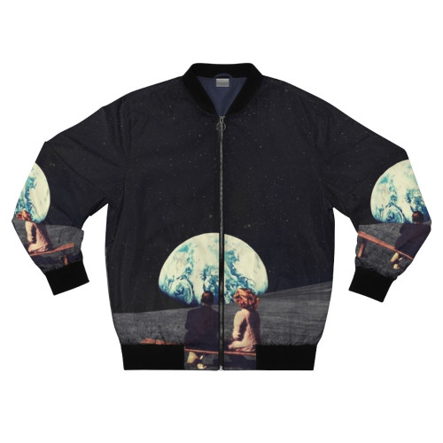 Vintage surreal bomber jacket featuring a couple in a landscape with stars, planets, and a blue earth in the background.
