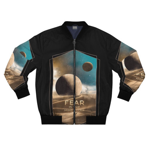 Dune-inspired Muad'dib on Arrakis bomber jacket with science fiction and desert sand motifs