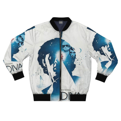 DIVA French Film Theatrical Poster Bomber Jacket featuring iconic scenes and characters from the 1981 French new wave movie.