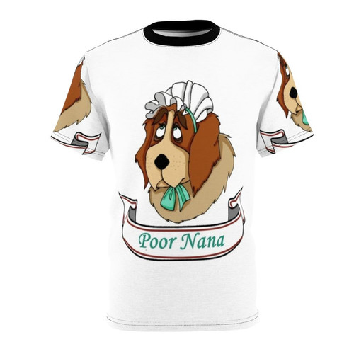 A t-shirt featuring a whimsical illustration of a sad dog in a bonnet, inspired by the character Poor Nana from the Peter Pan stories.