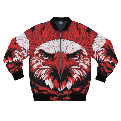 A red eagle bomber jacket with a bald eagle design, representing American patriotism and wildlife.