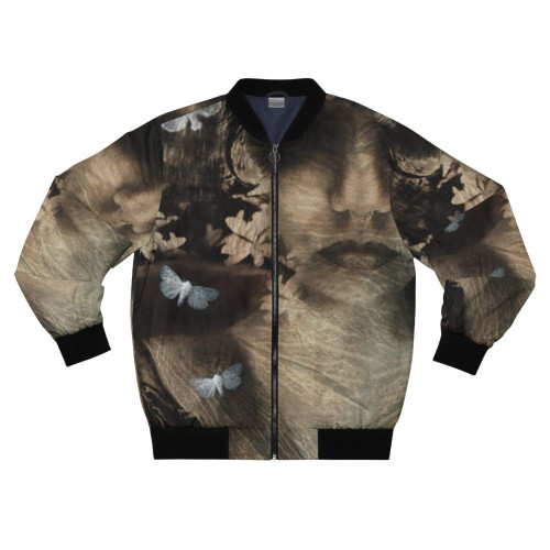 Surreal bomber jacket with moth, butterfly, and flower design in dark fantasy style
