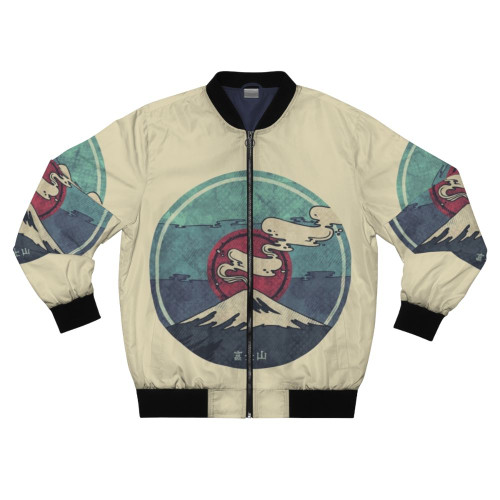 Fuji bomber jacket with minimalist Japanese-inspired geometric design featuring Mount Fuji, sun, and nature elements