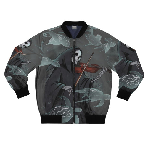 Dark Symphony Bomber Jacket with musical and grim reaper design elements