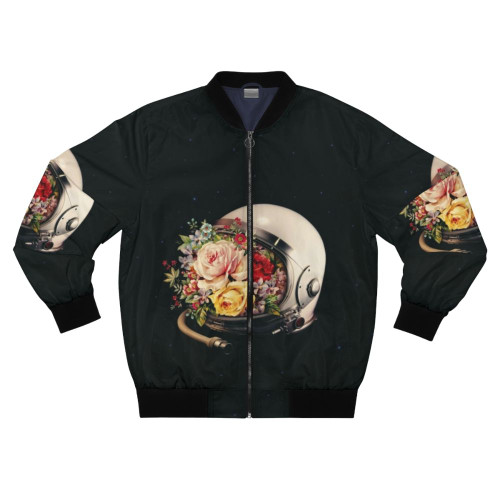 Surreal space-themed bomber jacket with floral collage print