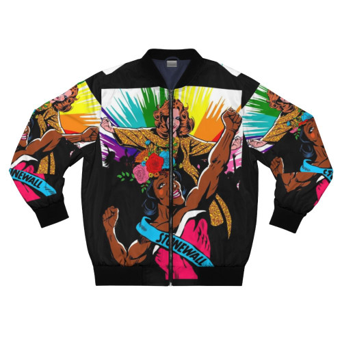 A bomber jacket featuring the Stonewall Pride logo and LGBTQIA colors.