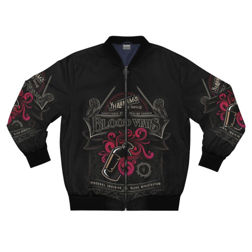 Bloodborne-inspired bomber jacket featuring Yharnam's blood vials design