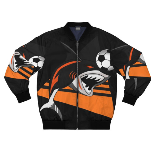 A bomber jacket featuring a graphic design of a shark playing soccer.