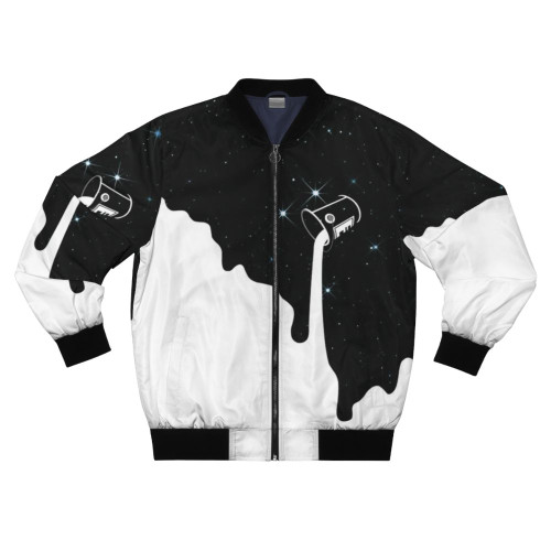 A white bomber jacket with a graphic design featuring a paint bucket floating in space against a starry background.