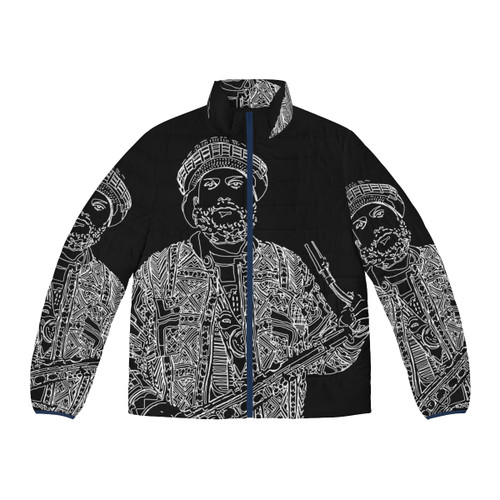 Kamasi Washington wearing a puffer jacket, a jazz musician playing the saxophone