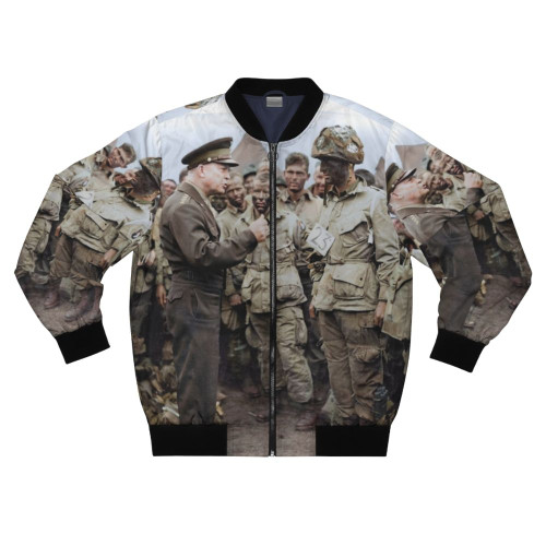 Vintage World War 2 bomber jacket with historical image of General Dwight D. Eisenhower addressing American paratroopers before D-Day.