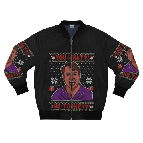 "Peep Show-inspired Christmas bomber jacket with embroidered 'Snoop No Turkey' design"