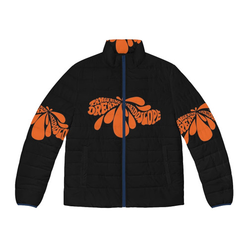 Colorful kaleidoscope pattern puffer jacket inspired by 1960s psychedelic music