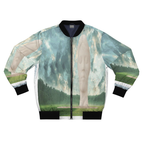 Vintage bomber jacket featuring the Dream statue by artist Jaume Plensa in St Helens, Merseyside