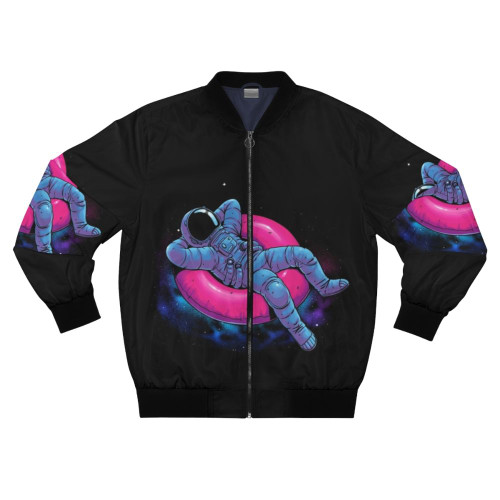 Astronaut floating in a space-themed bomber jacket with a nebula and stars in the background.