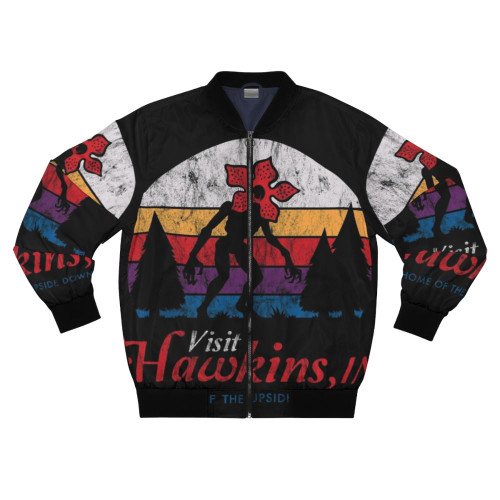 Vintage distressed Stranger Things bomber jacket featuring the Demogorgon creature