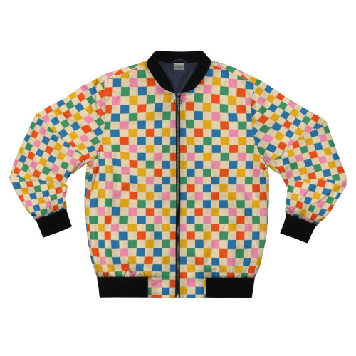 Colorful checkered pattern bomber jacket with a trendy and nostalgic aesthetic