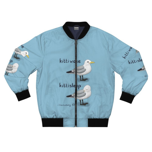 A bomber jacket featuring a cute, sleeping kittiwake bird design.