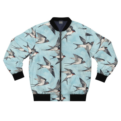 Watercolor bomber jacket with a design of swallows flying against a blue sky