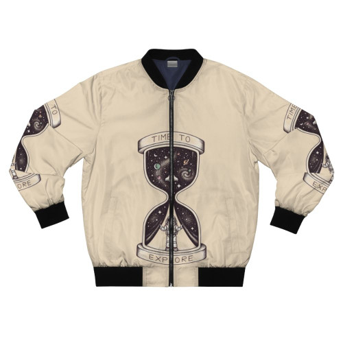 Astronaut wearing a bomber jacket with stars and planets in the background