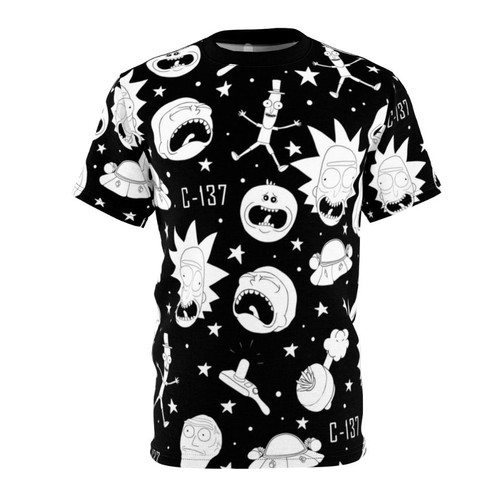 A black and white t-shirt featuring a fun, artistic pattern inspired by the popular cartoon series Rick and Morty.