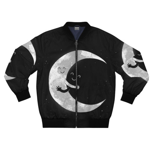 Black and white bomber jacket with a cute moon hug design, perfect for space and astronomy lovers.