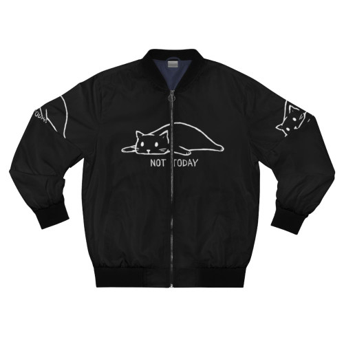 A bomber jacket with a minimalist design featuring a lazy, antisocial cat with the text "Not Today".