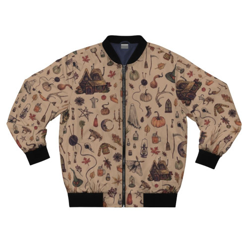 A rustic brown bomber jacket with a cozy, witch-inspired design featuring elements like a black cat, leaves, and a crescent moon.