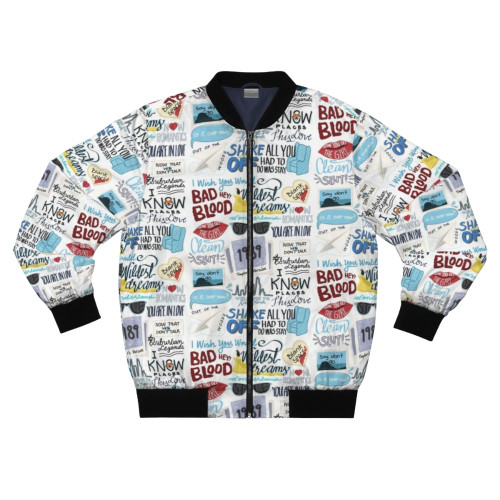 1989 Taylor Swift album art bomber jacket featuring songs like Shake It Off, Blank Space, and Style