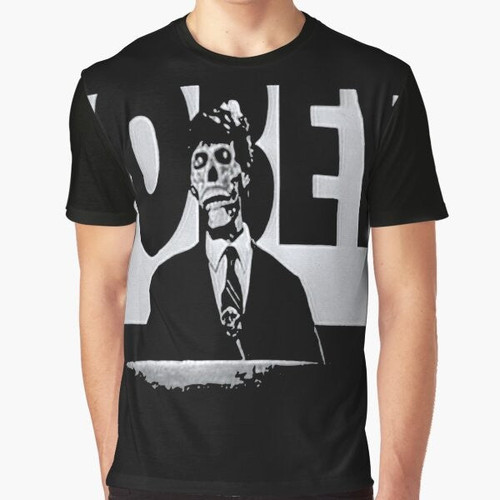 "They Live" graphic t-shirt featuring the iconic "obey" message from the 1988 sci-fi classic
