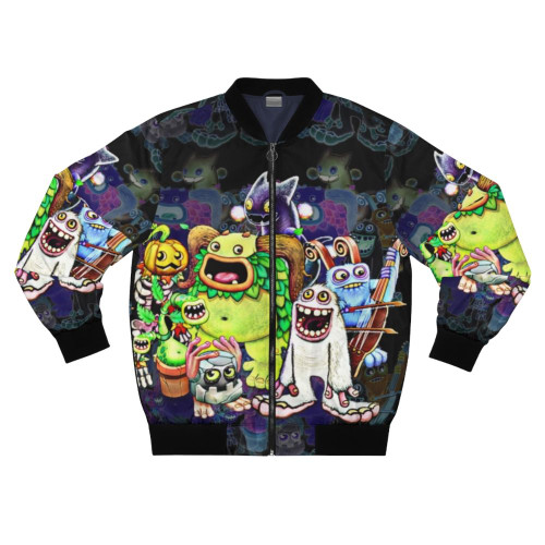 My Singing Monsters characters printed on a green bomber jacket
