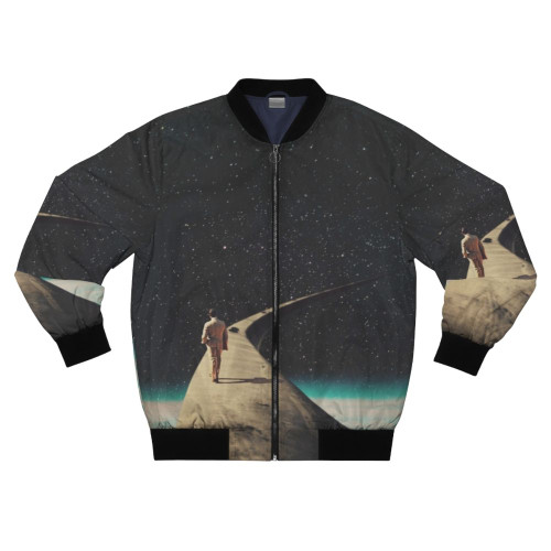 Vintage retro surreal bomber jacket featuring a collage design with a lone wanderer on a solitary road through a dark, starry night sky.