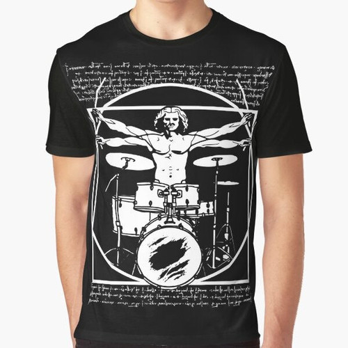Graphic t-shirt featuring a parody of Leonardo da Vinci's Vitruvian Man playing the drums