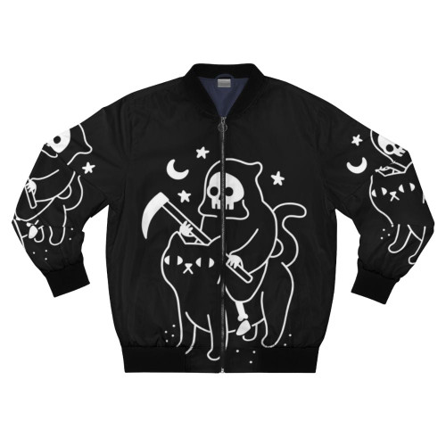 Black Cat Bomber Jacket with Grim Reaper and Skull Design