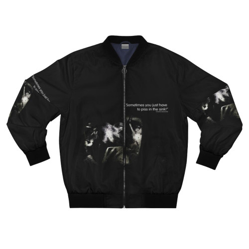 Bukowski graphic bomber jacket with the quote "Sometimes you just have to piss in the sink!"