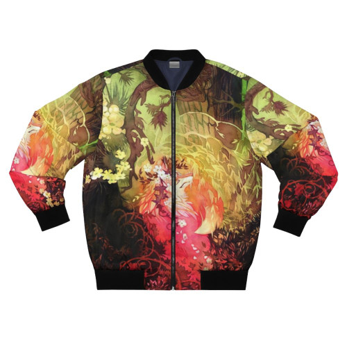 Watercolor illustration of a fox in a floral and forest-themed bomber jacket
