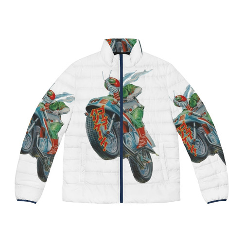 Kamen Rider V3 inspired puffer jacket with motorcycle and sci-fi design