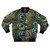 Peacock feathers bomber jacket with vibrant, colorful pattern