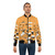 A bomber jacket with a graphic design featuring drums and the text "Play that Beat" - Lifestyle
