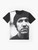 A black and white graphic t-shirt featuring an engraving-style tribute design to musician Elliott Smith. - Flat lay