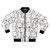 Stylish black and white bomber jacket with a repeating pattern of playful dog doodle illustrations